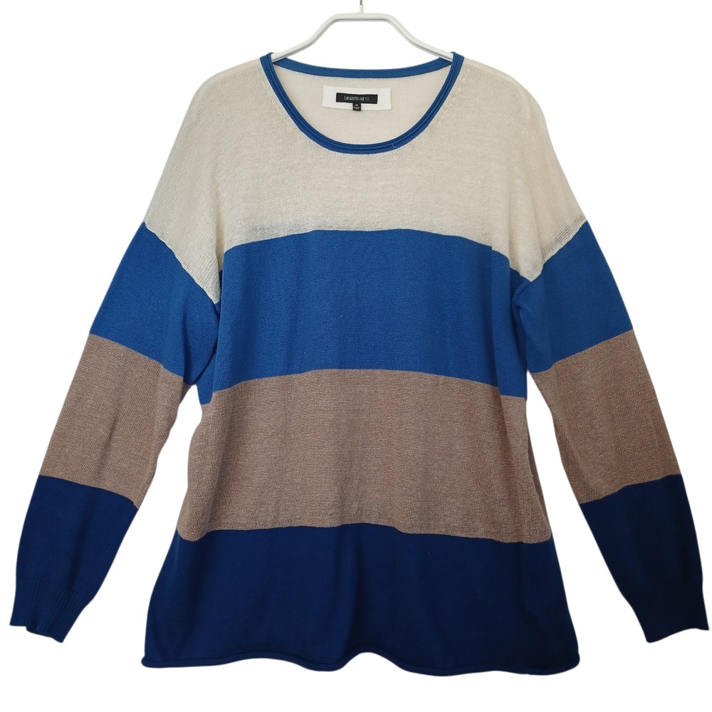 Lafayette 148 New York Womens Blue Colorblock Cotton‎ Hemp Knit Sweater Medium